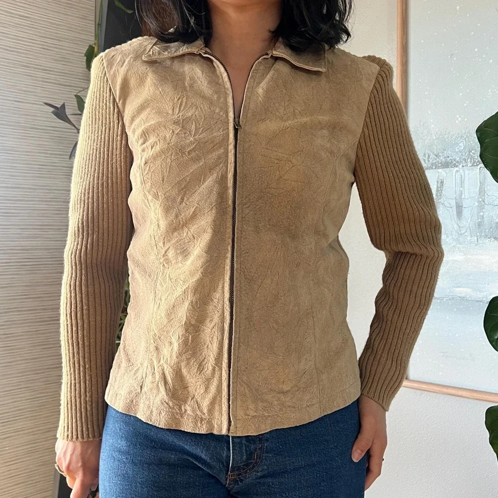 Vintage Leather Suede Knit Jacket Tan Zip Up Fitted Equestrian Minimal 90s‎